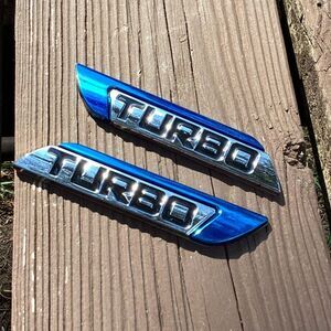 Turbo Car Emblem Badge Pair Blue Chrome 3D Decal Universal Auto Accessory